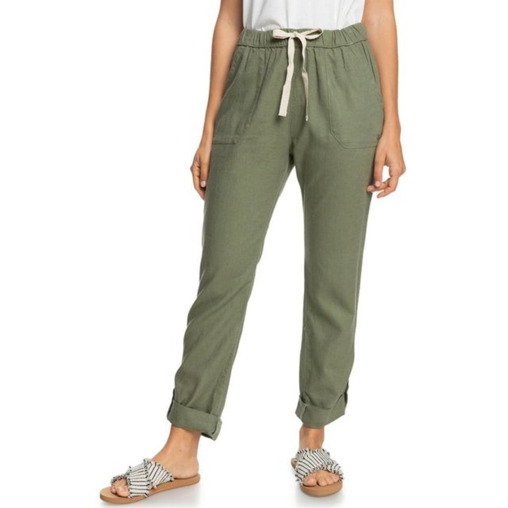 Roxy On The Seashore Pull On Linen Womens Pants Sz Med Pockets Drawstring Boho
